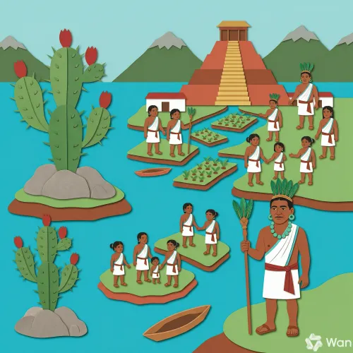 Los mexicas construyendo su ciudad sobre el lago, con canales y chinampas