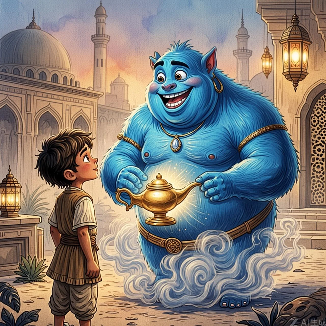 Un enorme genio azul surge de la lámpara ante un Aladino asombrado