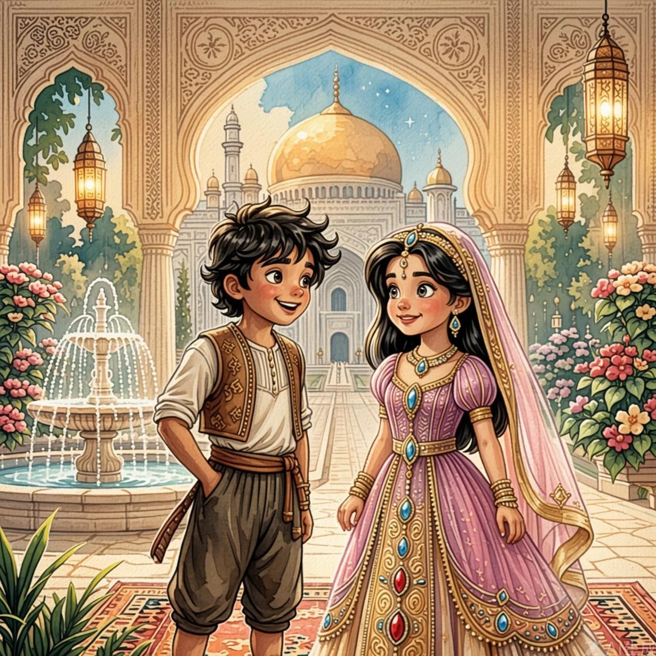Aladino, convertido en príncipe, conoce a la hermosa princesa en el palacio
