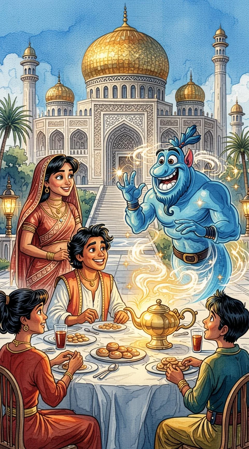 Aladino y la princesa felices en su palacio, celebrando con el genio
