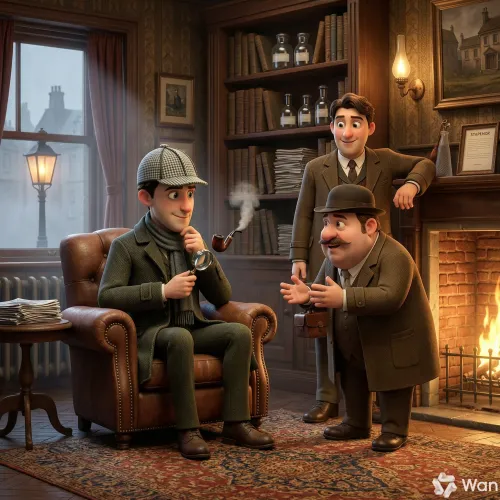 Sherlock Holmes y el doctor Watson reciben a un visitante en su estudio del 221B de Baker Street, en Londres