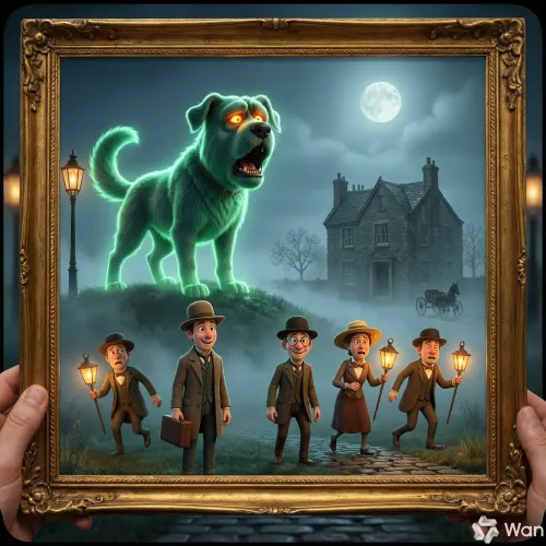 Una vieja leyenda muestra un enorme perro fantasma de ojos brillantes en un páramo neblinoso