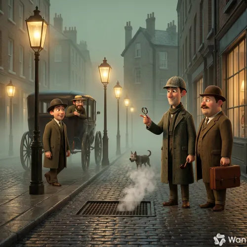 Un hombre de barba sigue a Sir Henry en un coche de caballos por las calles neblinosas de Londres