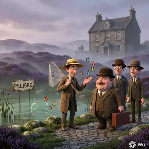 El señor Stapleton, cazador de mariposas, saluda a Watson en un páramo con neblina y un pantano peligroso