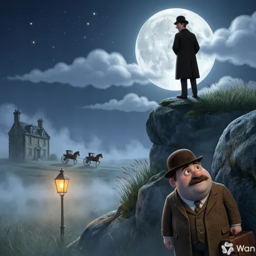 La silueta de un hombre misterioso parado sobre una colina del páramo, recortado contra la luna