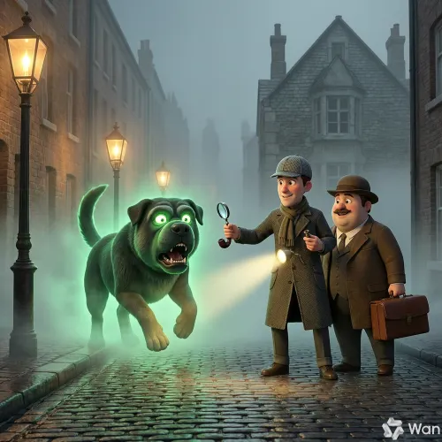 Un perro gigantesco que brilla en la oscuridad aparece entre la niebla mientras Holmes y Watson lo enfrentan