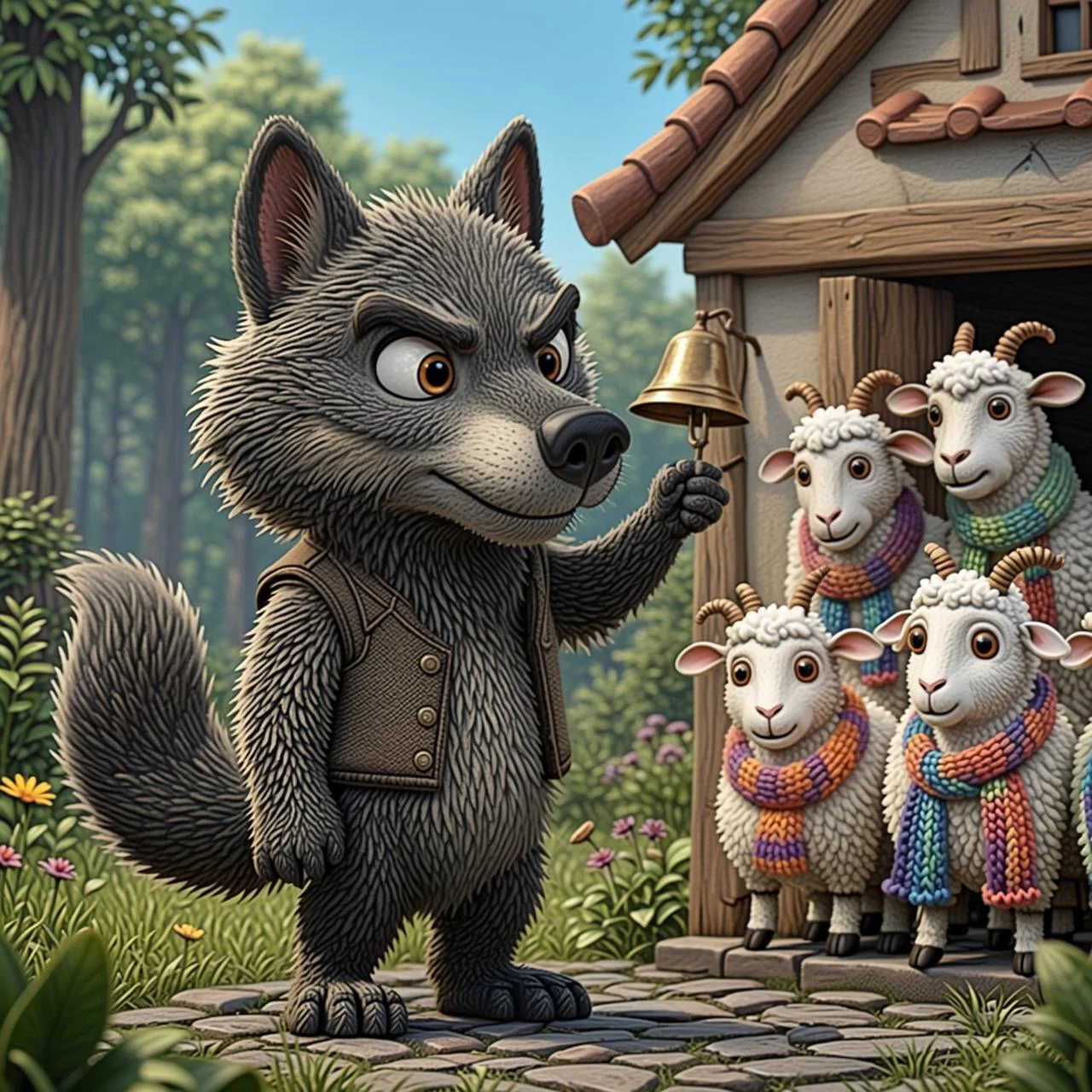 El lobo llama a la puerta de los cabritos intentando imitar la voz de Mamá Cabra