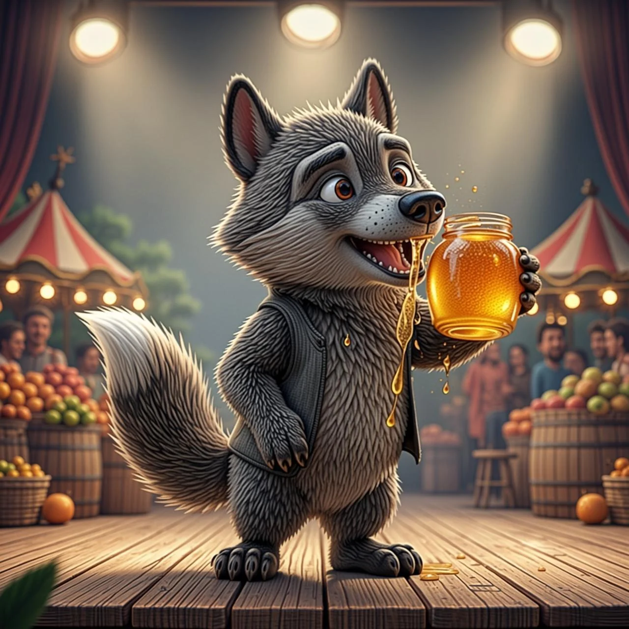 El lobo bebe un enorme frasco de miel en el mercado del bosque