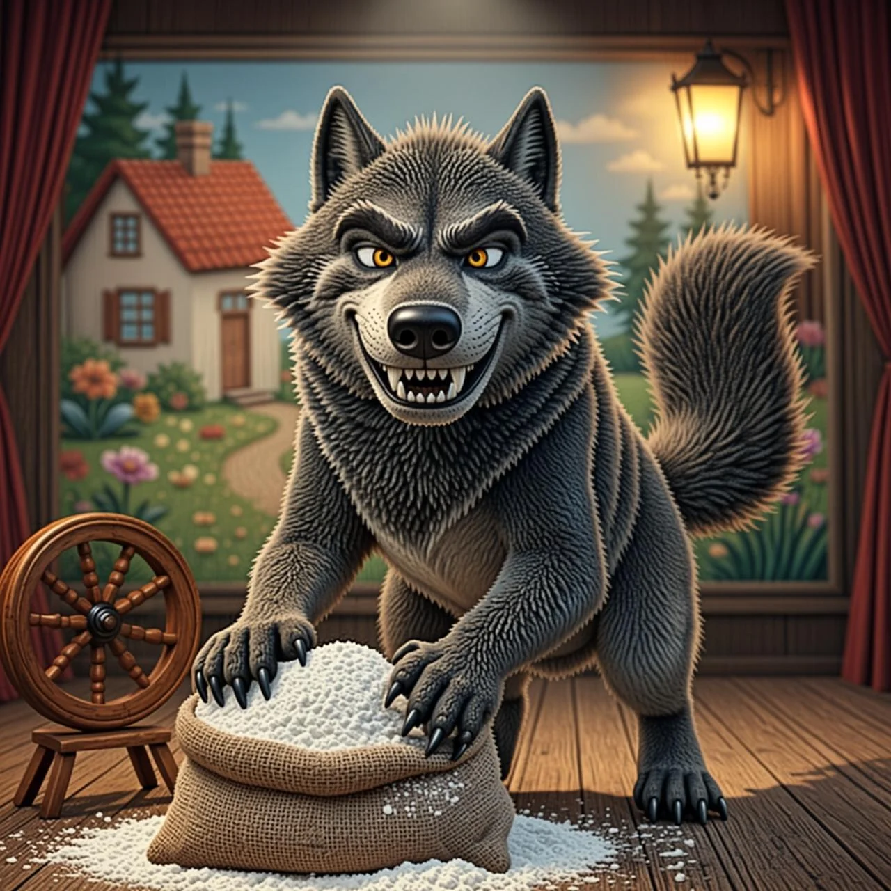 El lobo mete las patas en un saco de harina en el molino del bosque