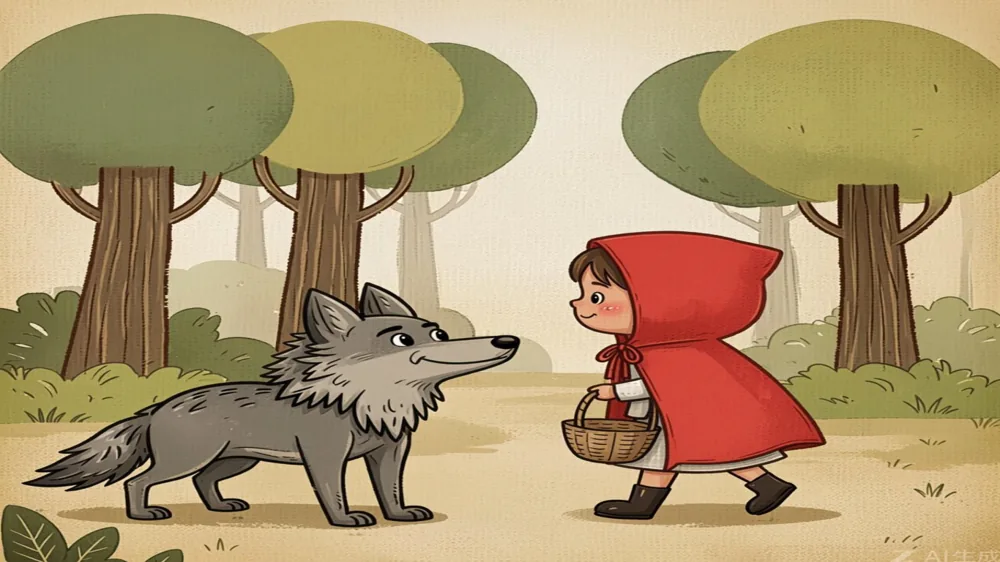 Caperucita se encuentra con el Lobo en el bosque