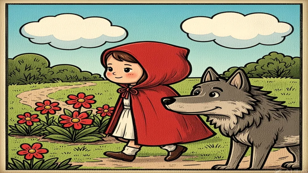 El Lobo señala unas flores para distraer a Caperucita
