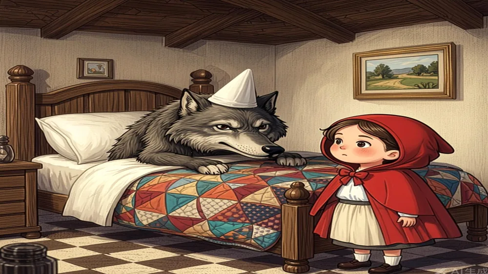 Caperucita observa al Lobo disfrazado en la cama de la abuela