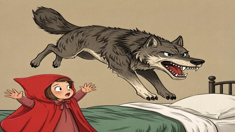 El Lobo salta de la cama y Caperucita se asusta