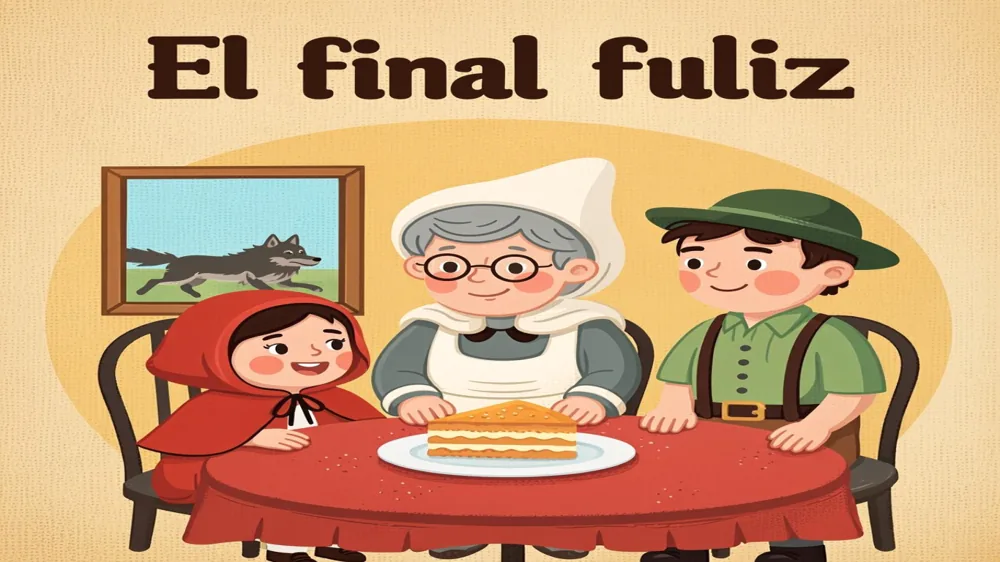 Caperucita, la abuela y el cazador celebran felices alrededor de una mesa con tarta