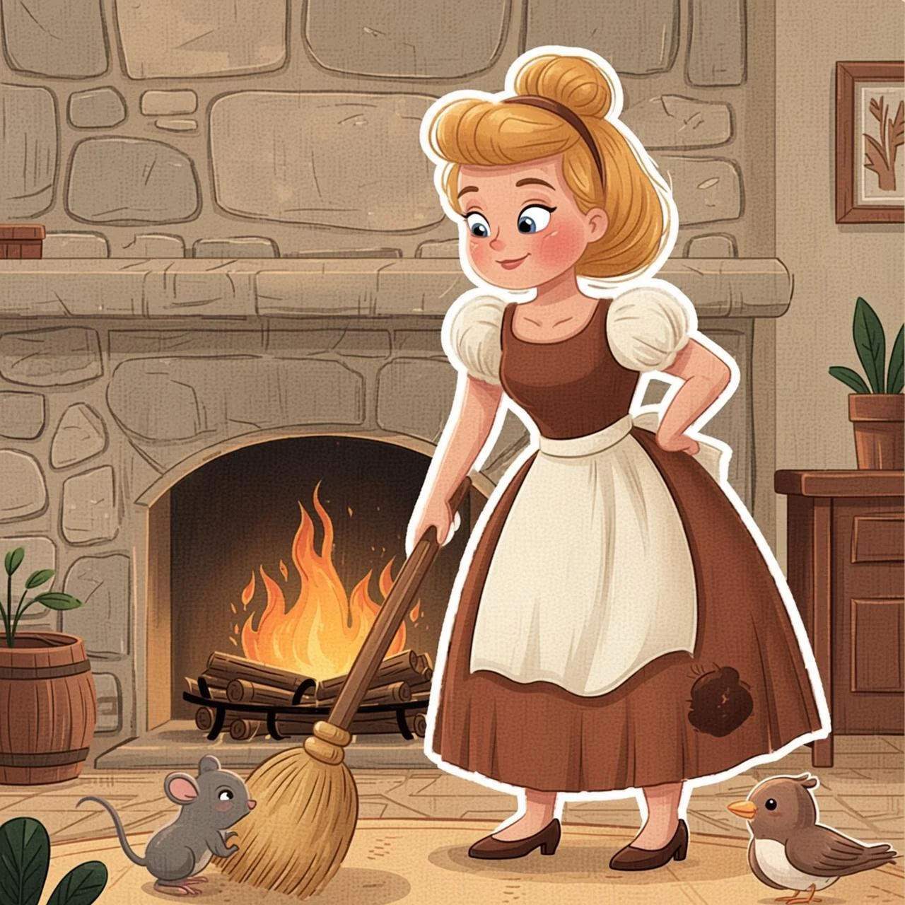 Cenicienta, una joven dulce y humilde, barriendo junto a la chimenea de la casa