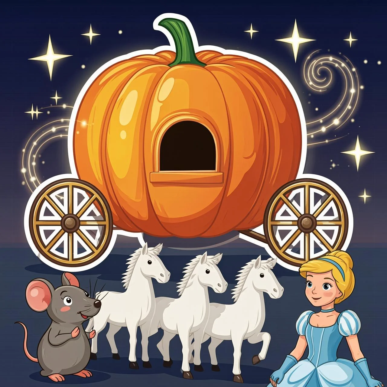 La calabaza se transforma en una carroza dorada y los ratones en caballos blancos
