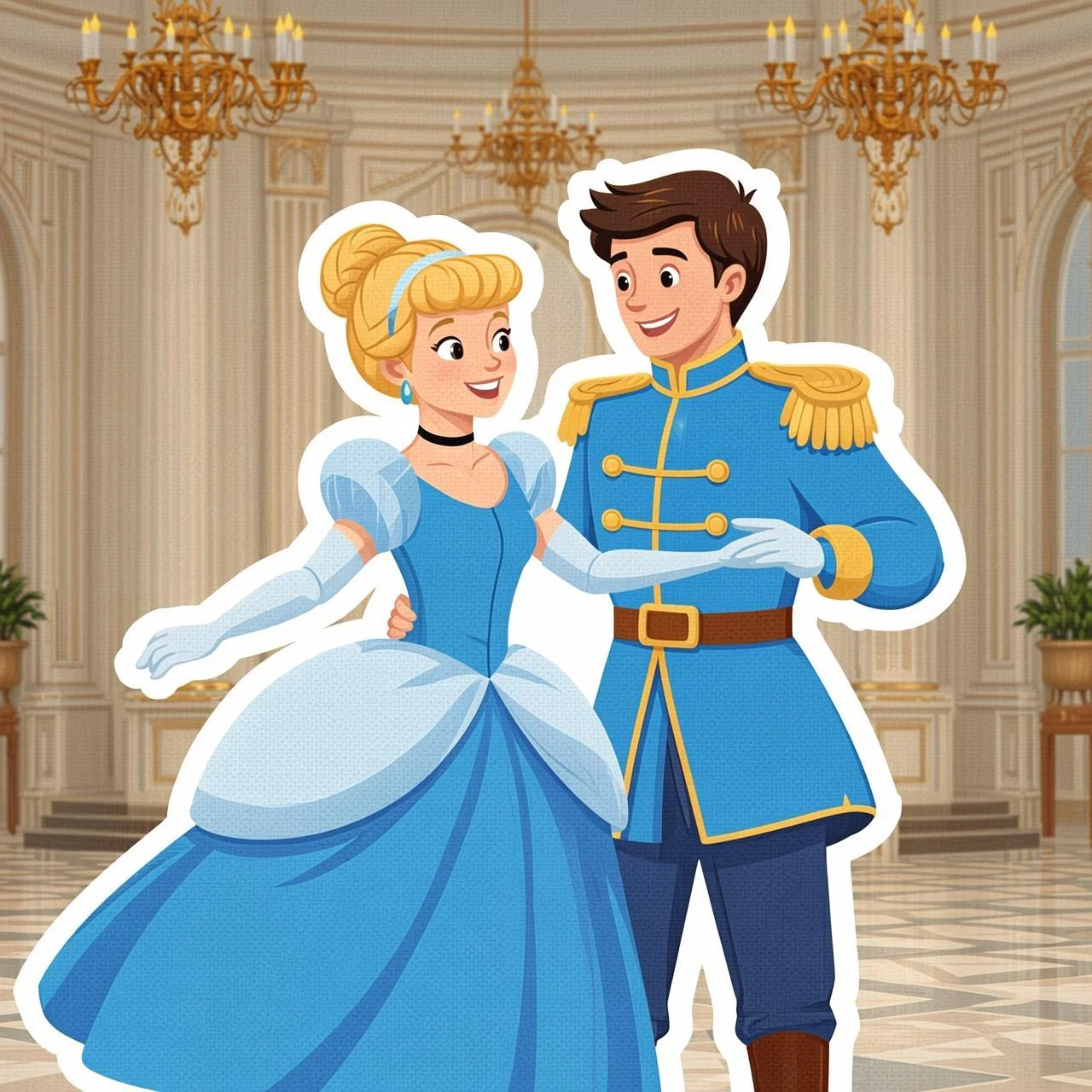 Cenicienta baila en el salón del palacio con el príncipe, ambos encantados