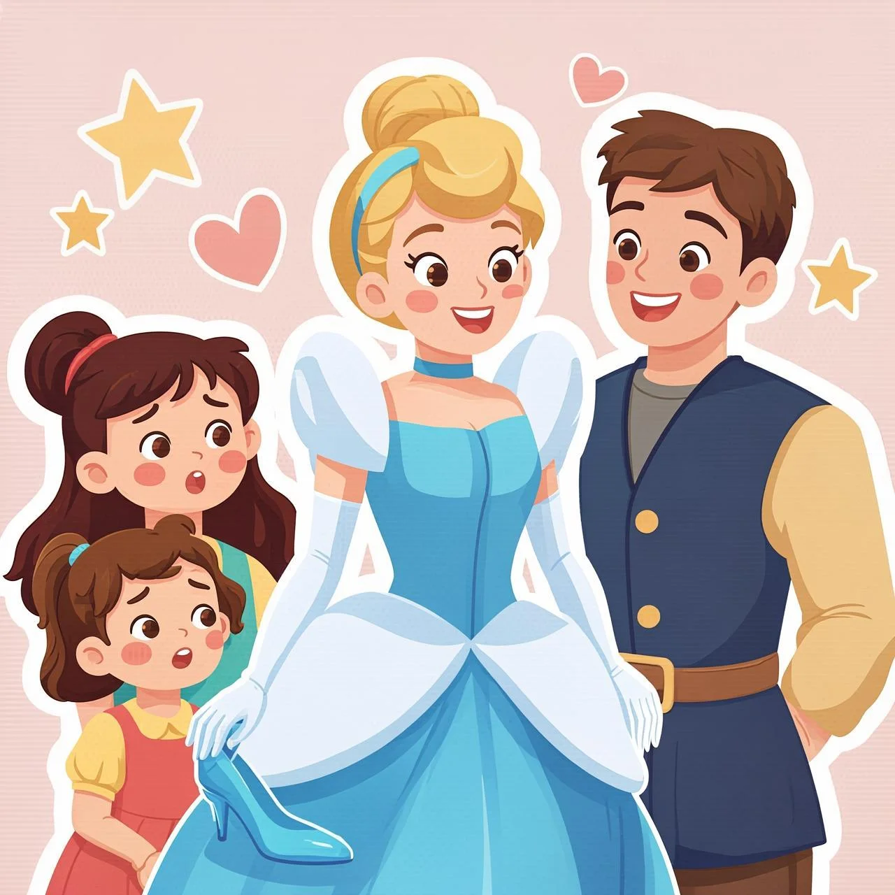 La zapatilla de cristal encaja perfectamente en el pie de Cenicienta, que sonríe feliz