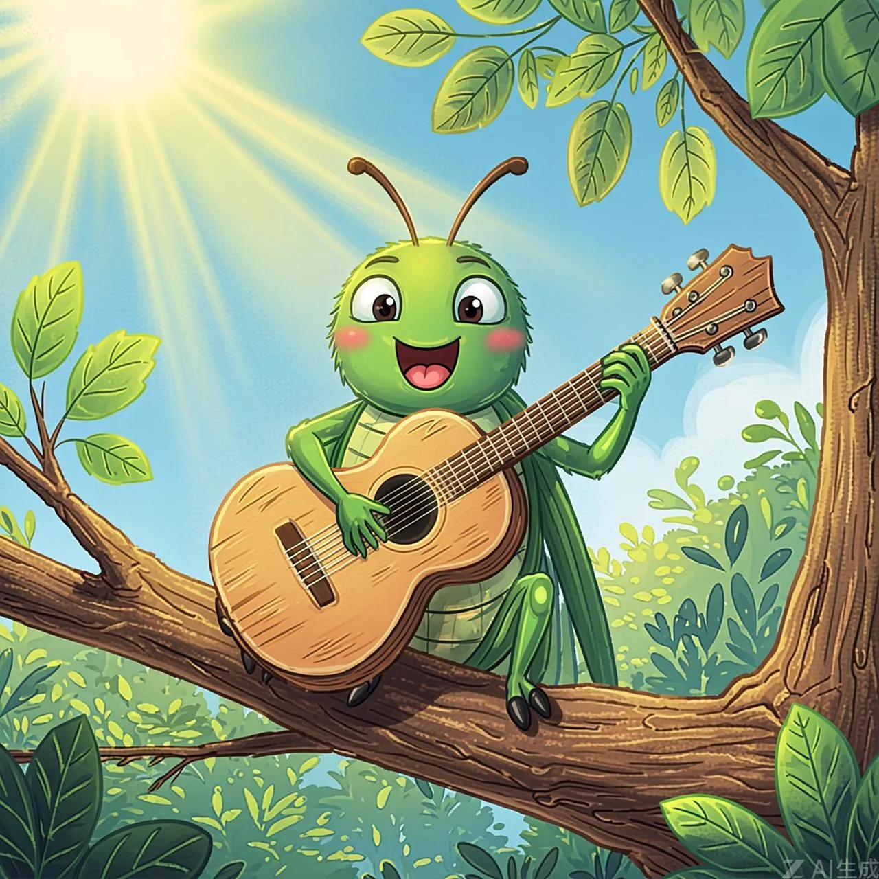 Una cigarra canta feliz sobre una rama mientras el sol brilla en verano