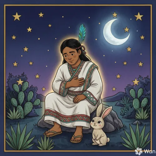 Quetzalcóatl, ya de noche, cansado y con hambre bajo las estrellas