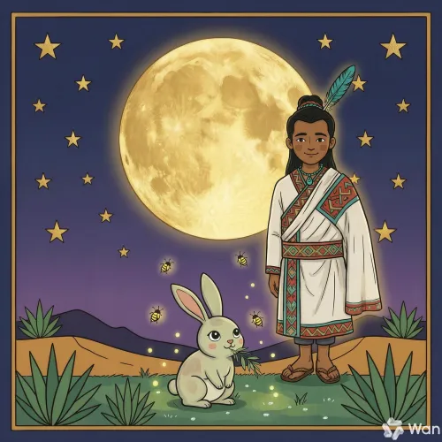 Un pequeño conejo comiendo hierba bajo la luz de la luna