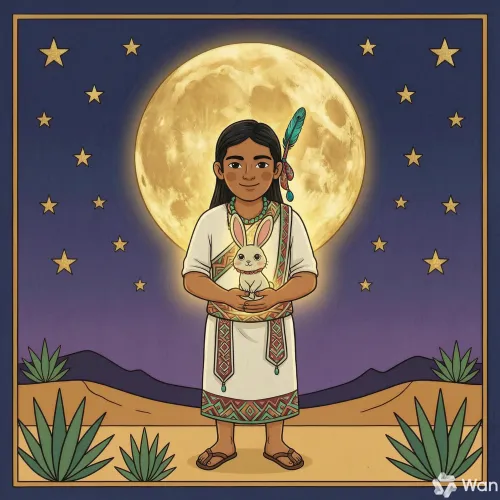 Quetzalcóatl tomando con ternura al conejito entre sus manos