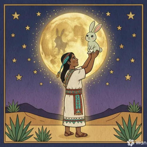 Quetzalcóatl levantando al conejito hacia la luna llena y brillante