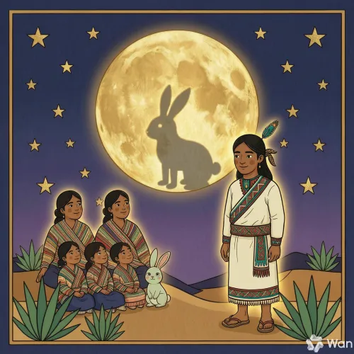 Una familia mirando la luna llena, donde se ve la figura de un conejo