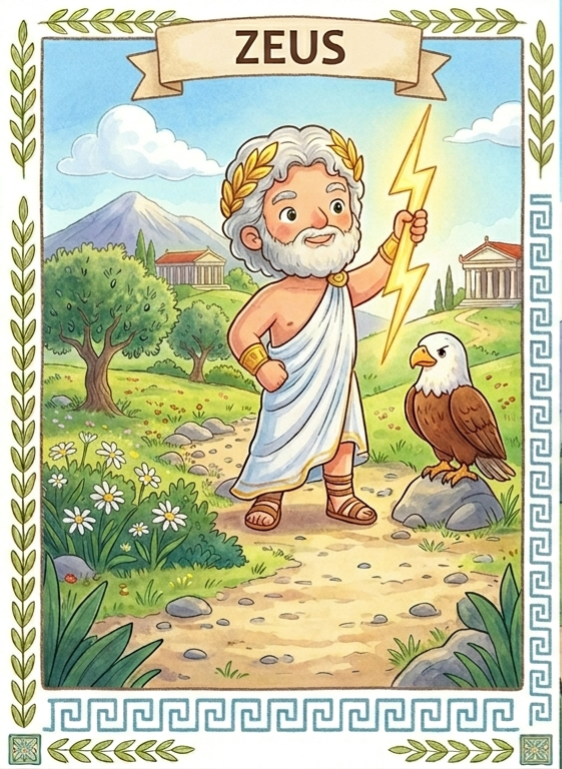 Ilustración de Zeus, rey de los dioses, con su rayo
