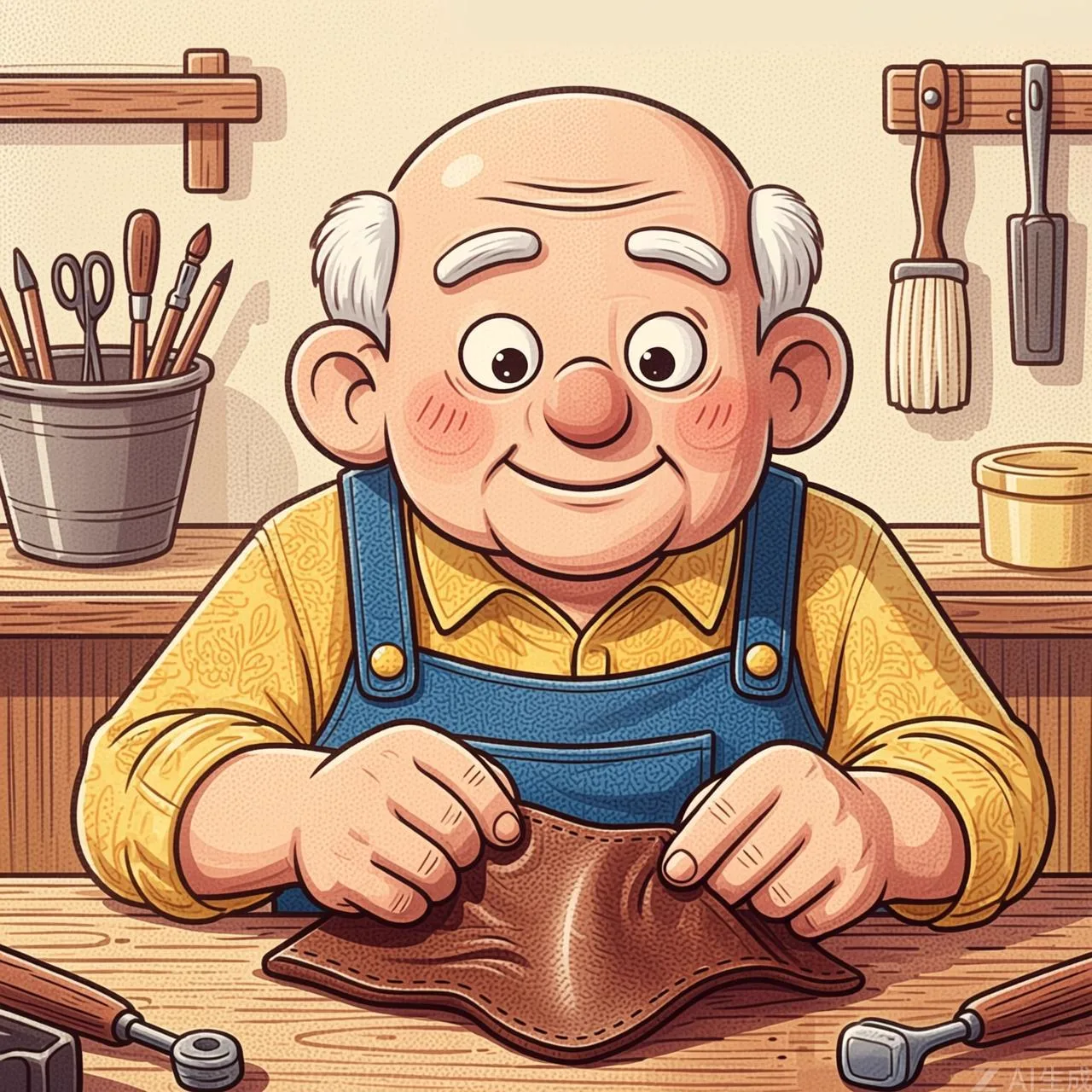 Un zapatero anciano mira tristemente el único trozo de cuero que le queda en su taller