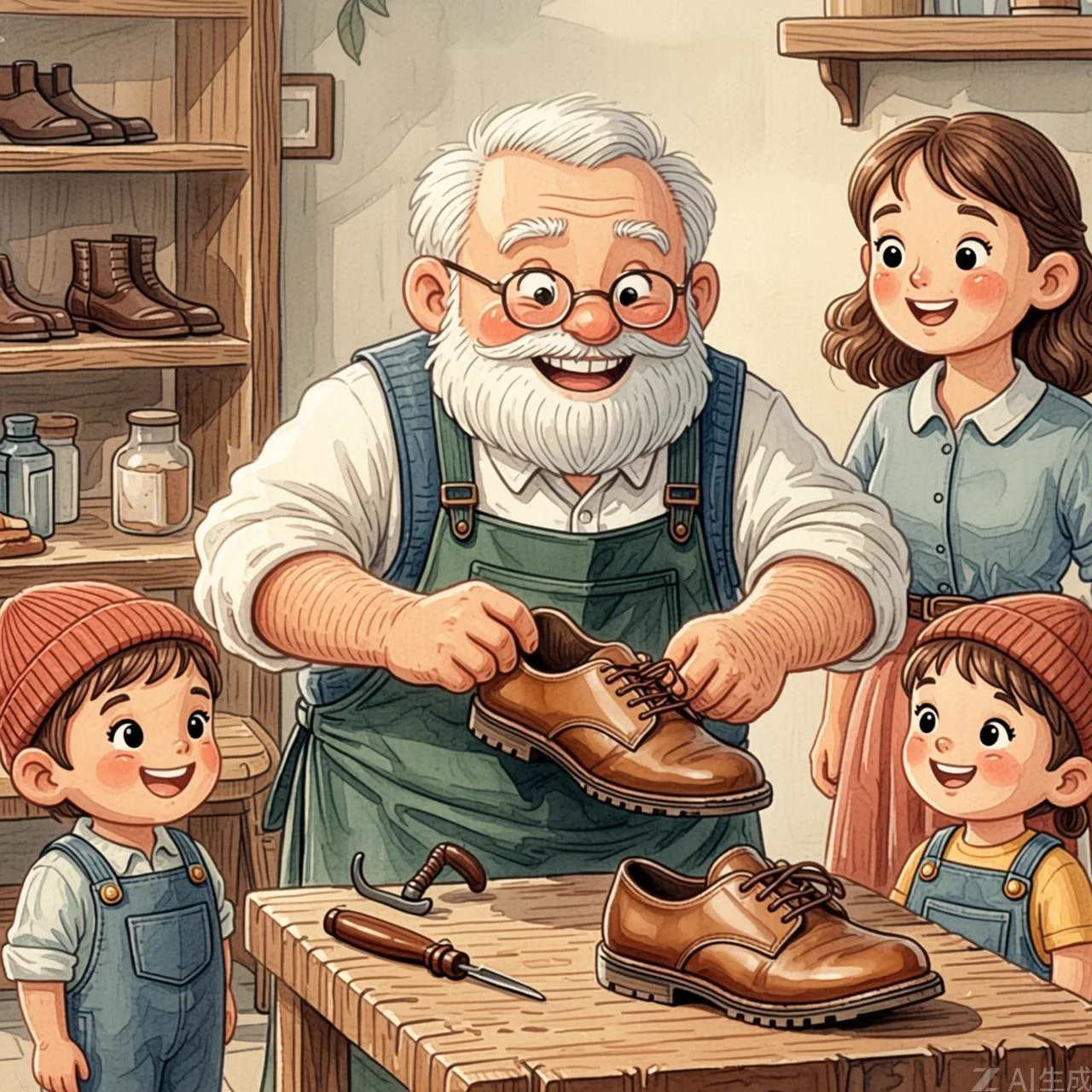 El zapatero vende felizmente los zapatos a un cliente en su tienda
