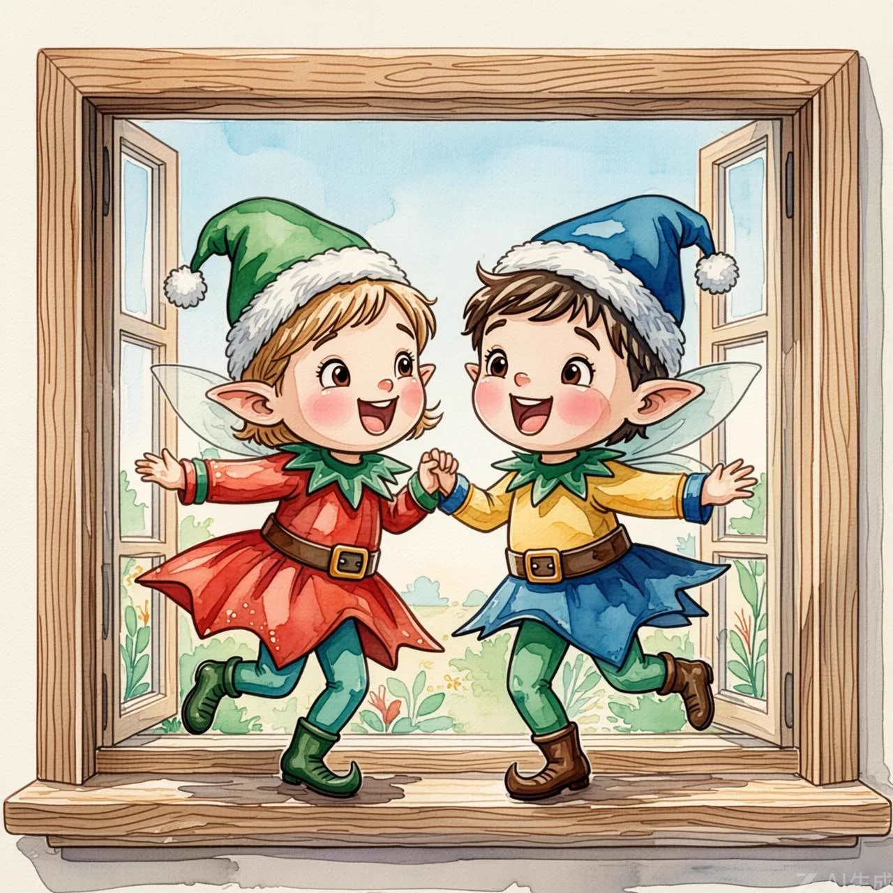 Los dos duendes, ahora vestidos, bailan alegres y salen por la ventana felices