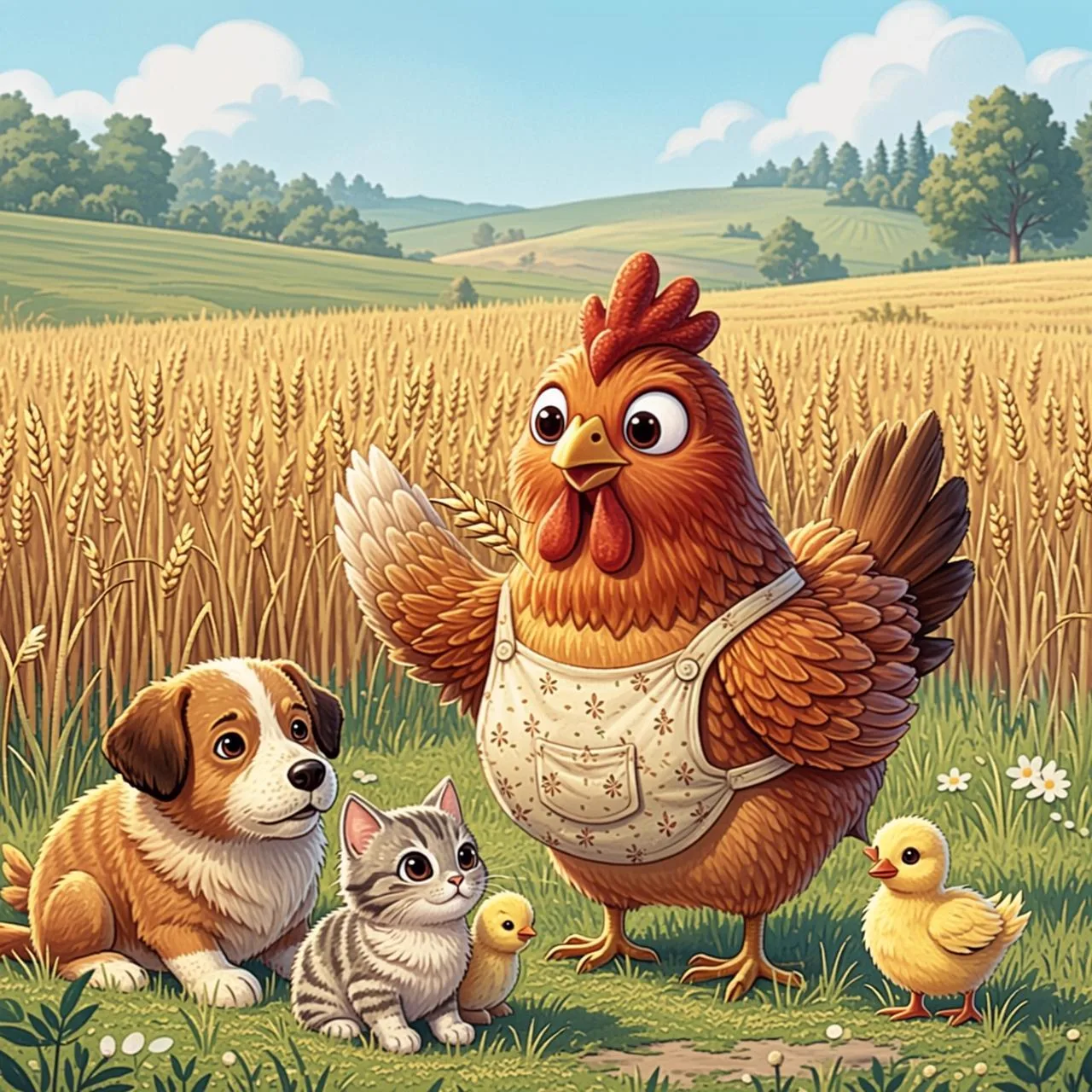 La gallinita roja encuentra un granito de trigo y les pregunta al perro, el gato y el pato si la ayudan a sembrarlo