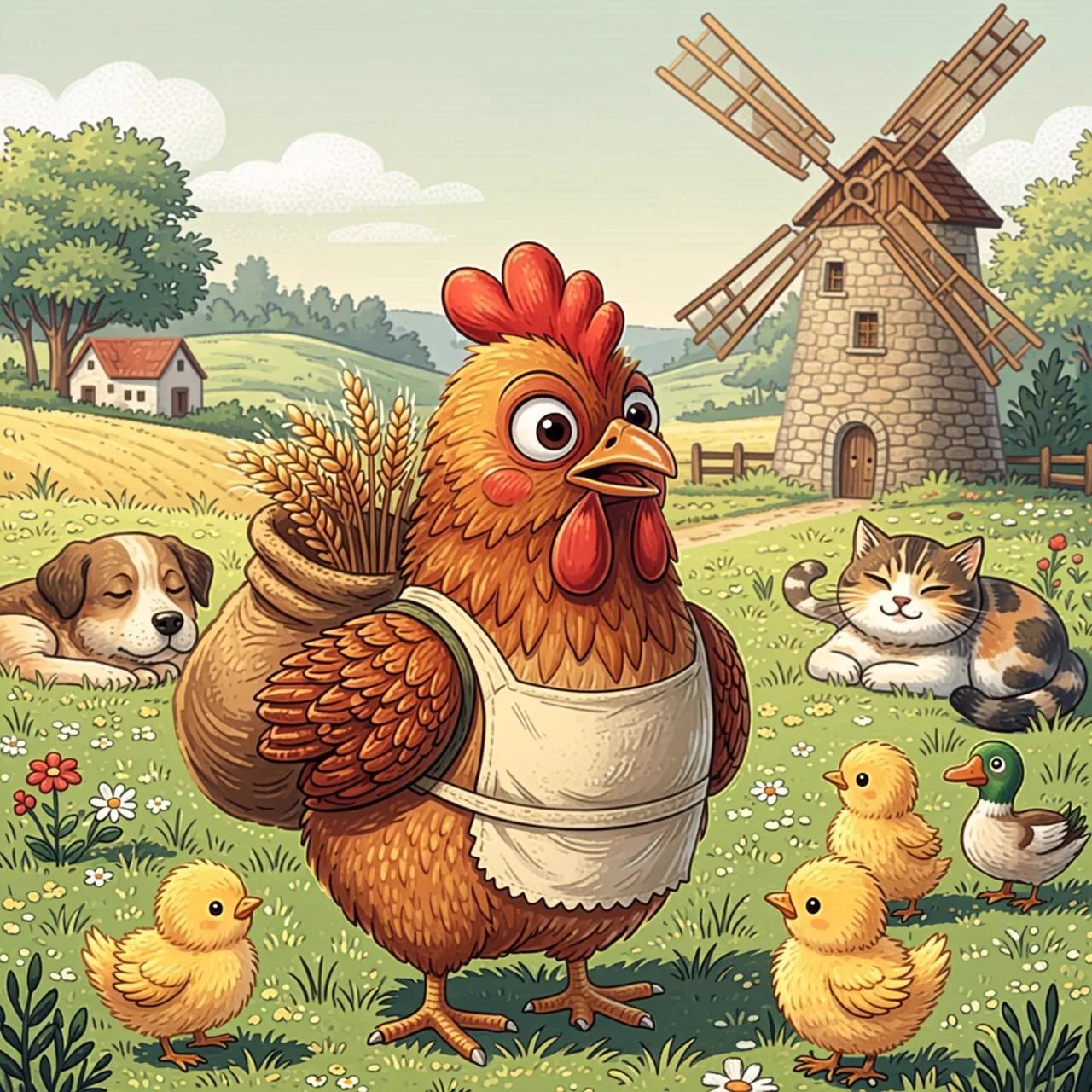 La gallinita lleva sus sacos de trigo al molino para convertirlo en harina, mientras sus amigos descansan