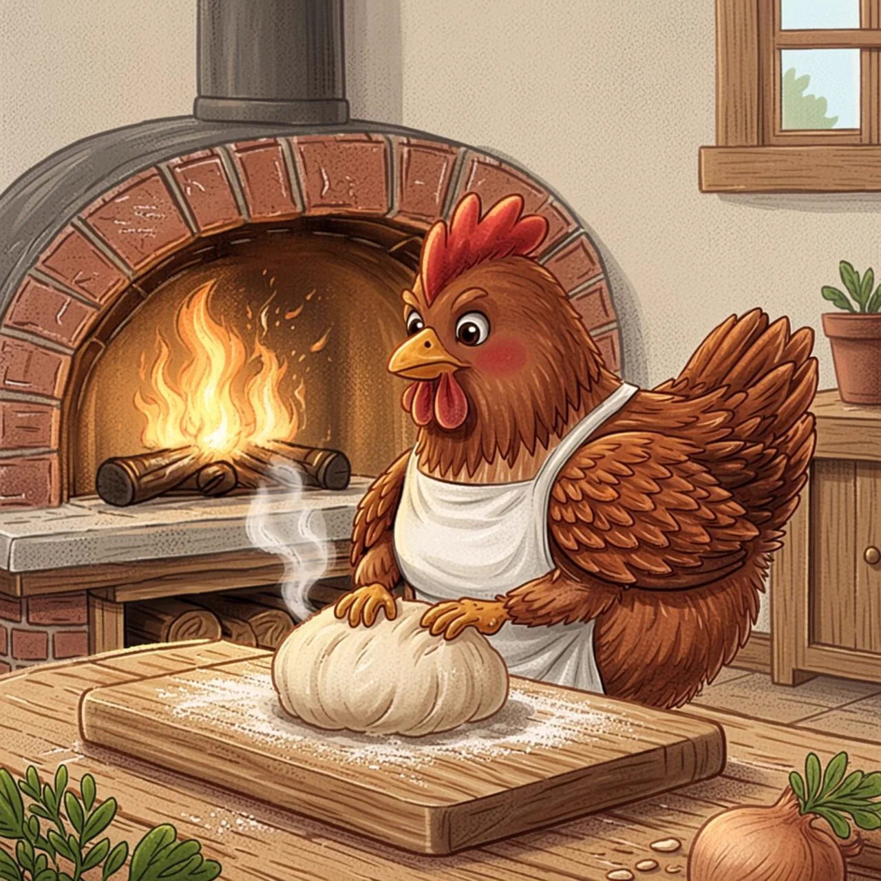 La gallinita amasa y hornea un pan dorado y humeante en su cocina