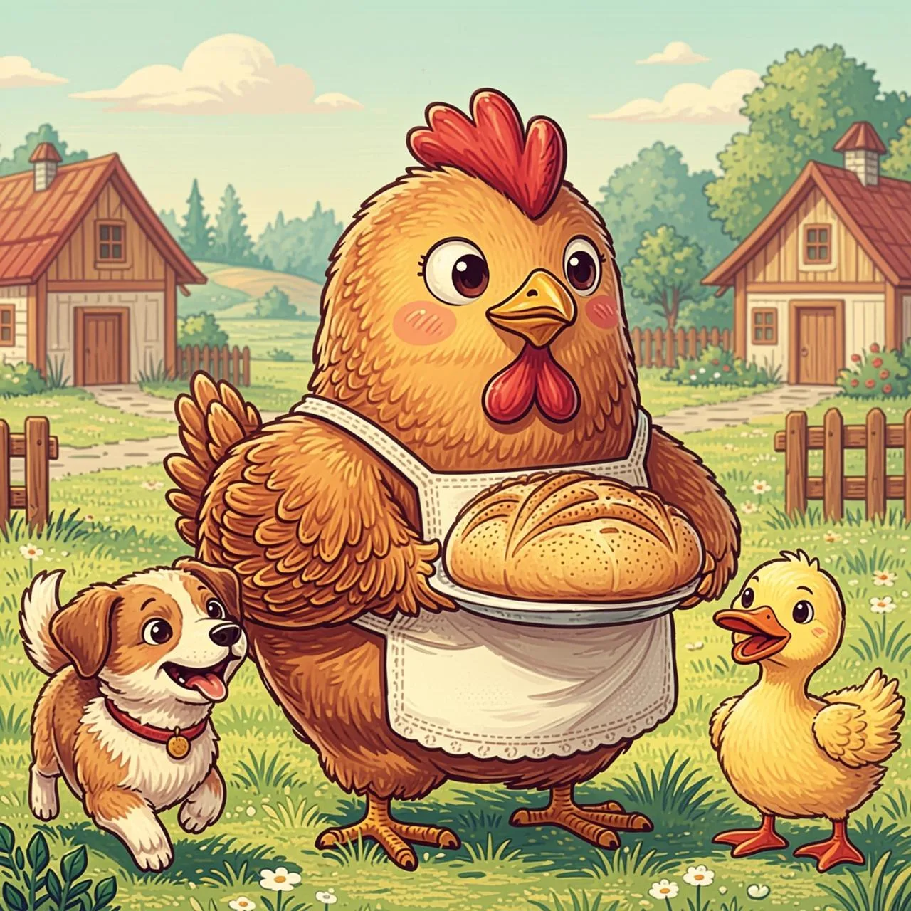 El perro, el gato y el pato huelen el rico pan y corren emocionados hacia la gallinita
