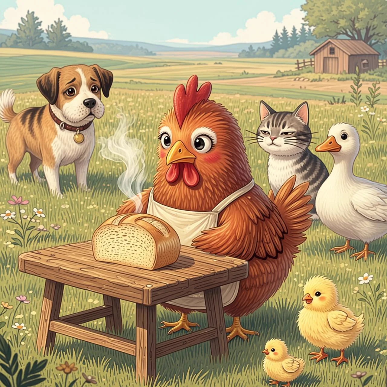 La gallinita come el pan feliz junto a sus pollitos, mientras el perro, el gato y el pato miran desde lejos