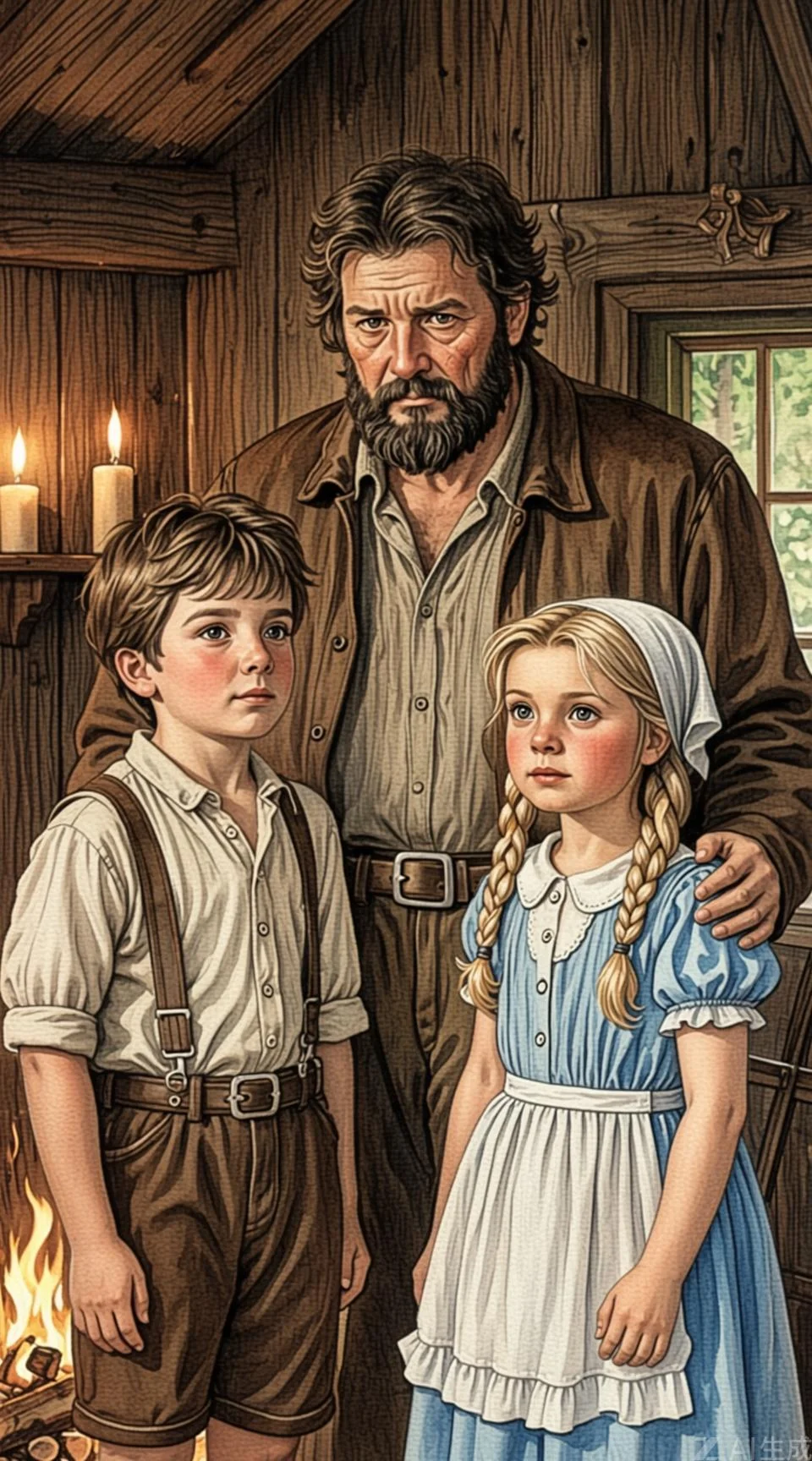 Hansel y Gretel con su padre leñador en una humilde cabaña a la orilla del bosque