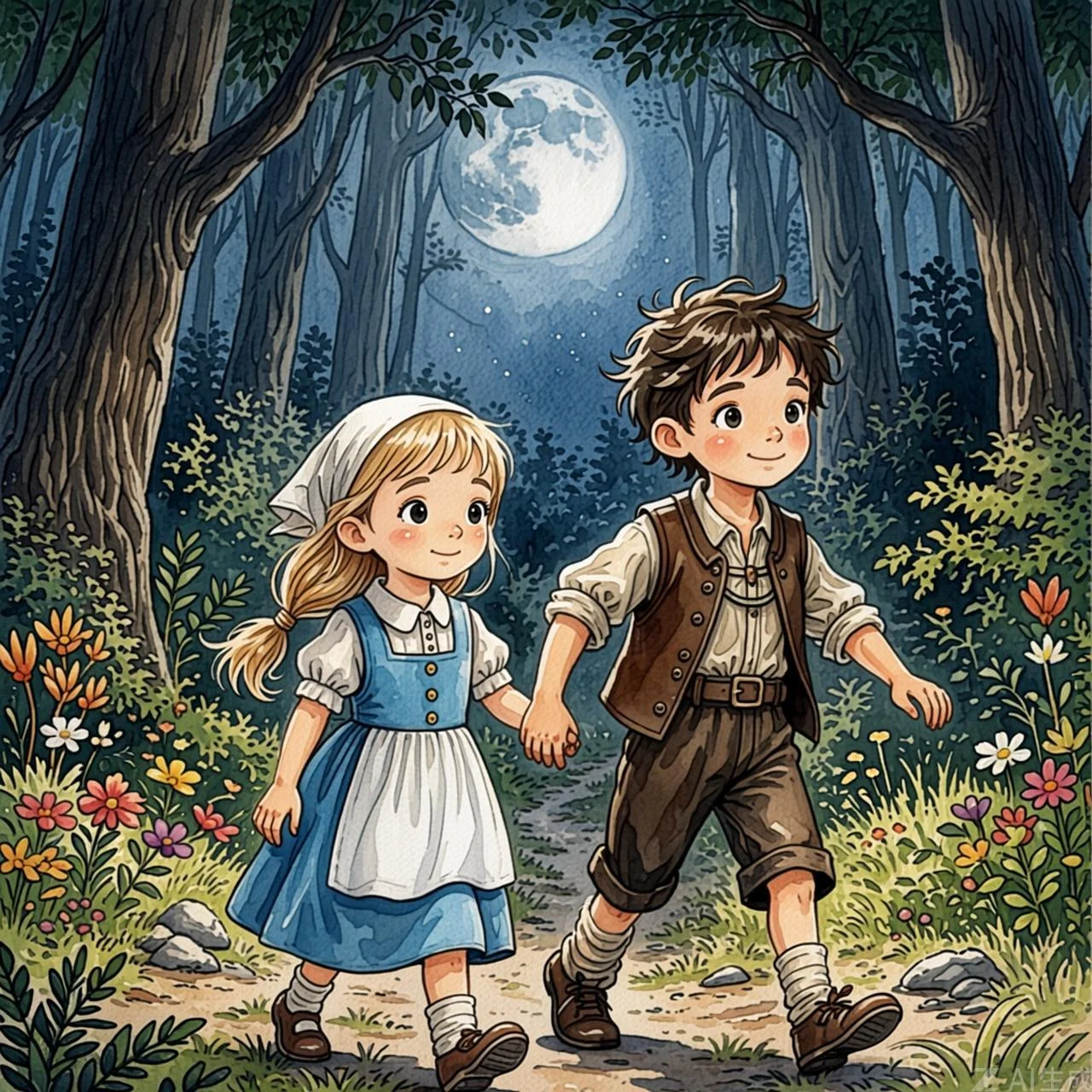 Hansel dejando caer piedritas blancas que brillan con la luz de la luna en el bosque