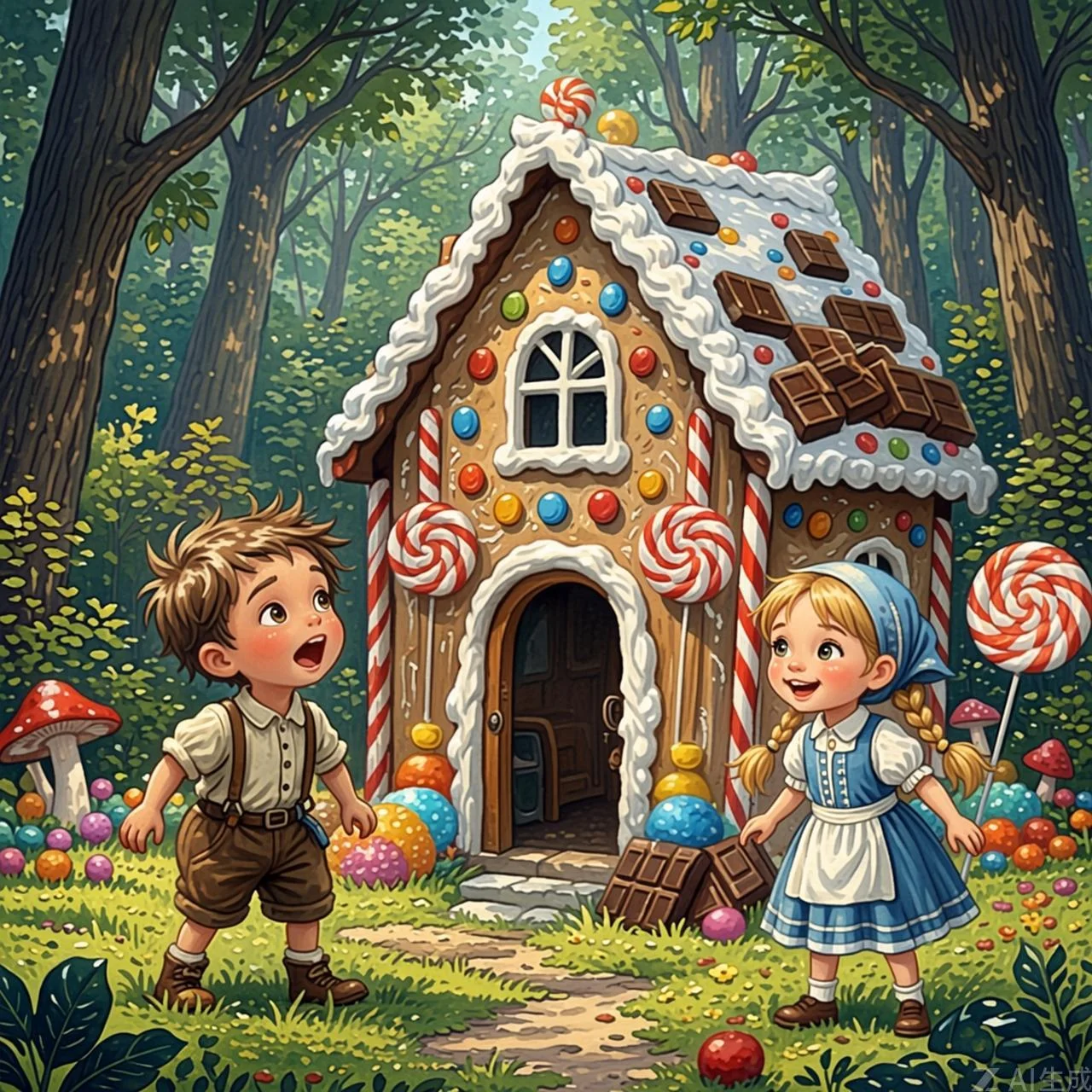 Hansel y Gretel descubren una casita hecha de pan, galletas, chocolate y dulces
