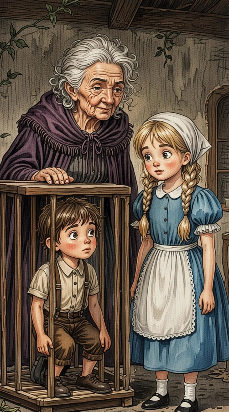 Una bruja encierra a Hansel en una jaula mientras Gretel observa asustada