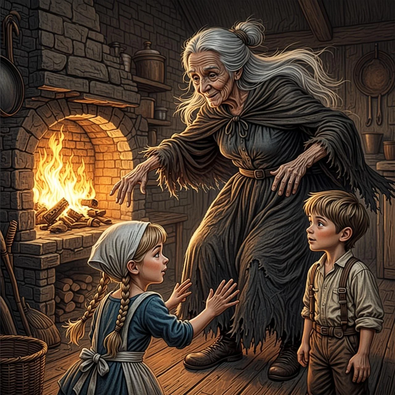 Gretel empuja a la bruja dentro del horno con valentía