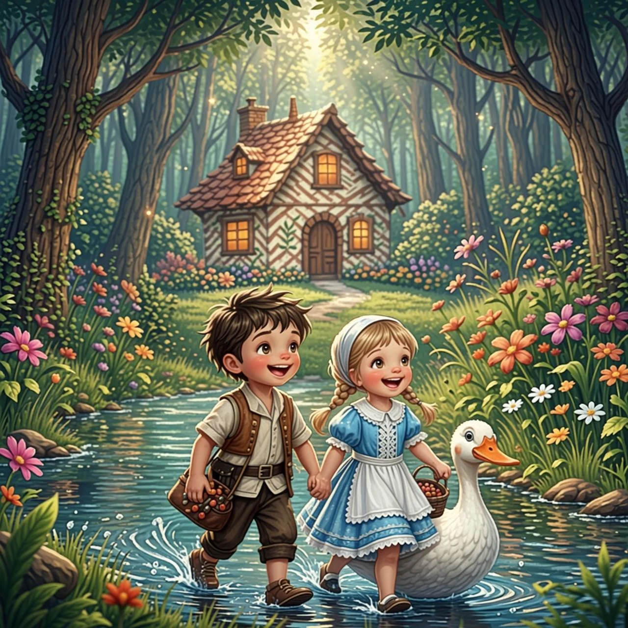 Hansel y Gretel cruzan un río sobre un pato y regresan con su padre