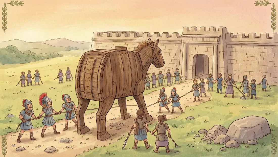 Los troyanos arrastran el caballo de madera dentro de la ciudad