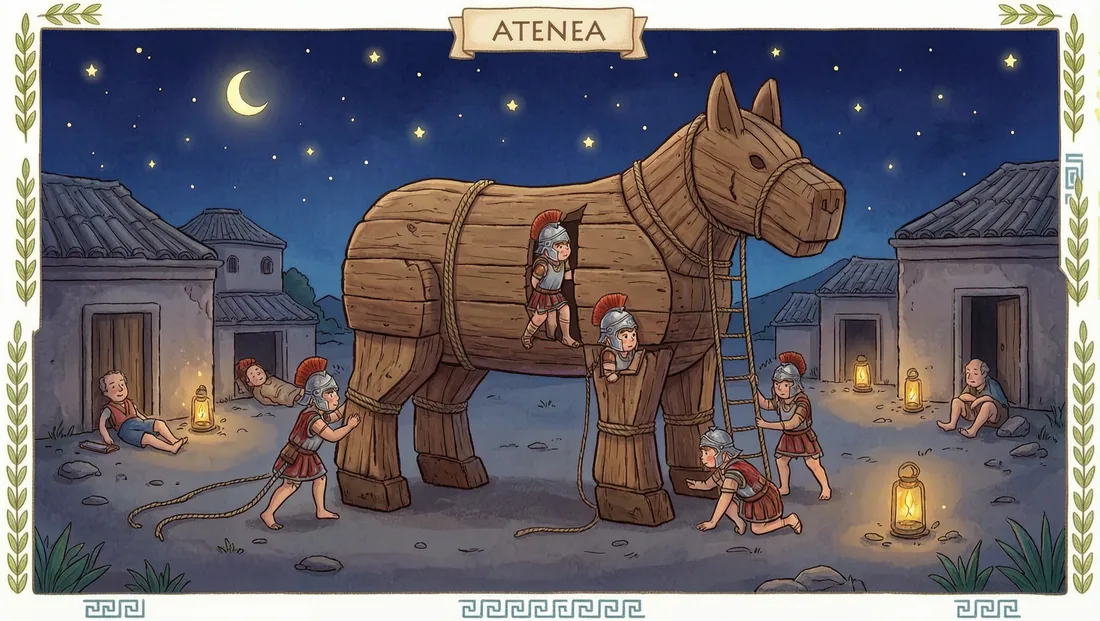 Soldados griegos salen por una puerta secreta del caballo en la noche