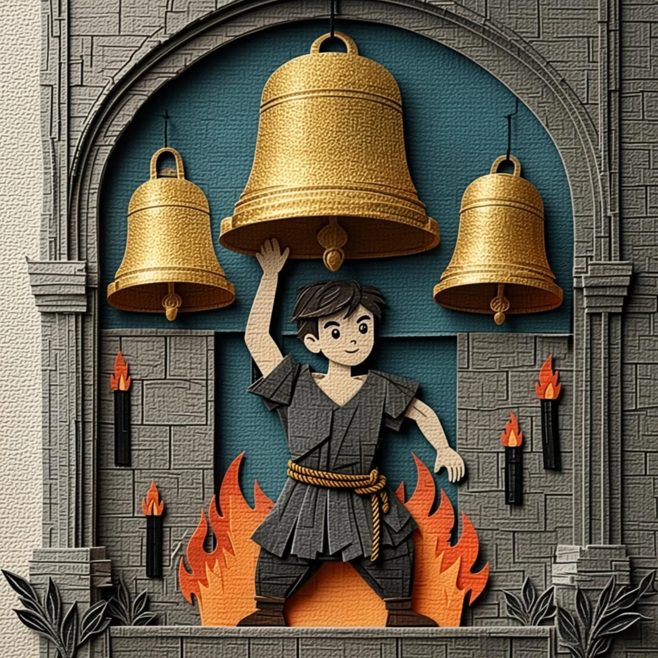Quasimodo, el campanero jorobado, tocando las grandes campanas de la catedral