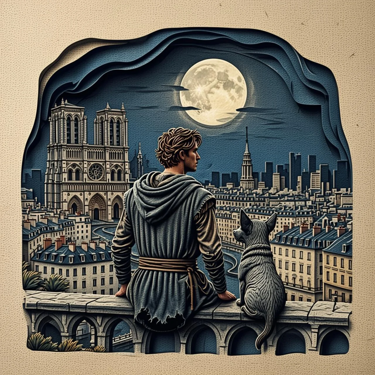 Quasimodo mira la ciudad de París desde lo alto de la torre, solo