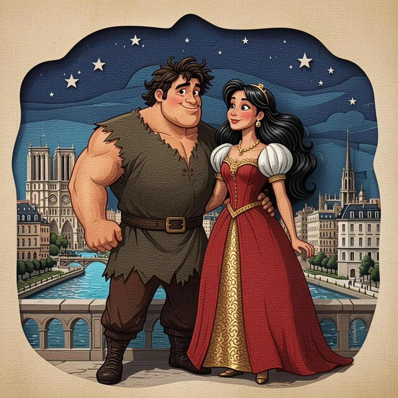 Quasimodo y Esmeralda, ya amigos, contemplan París desde la torre de la catedral