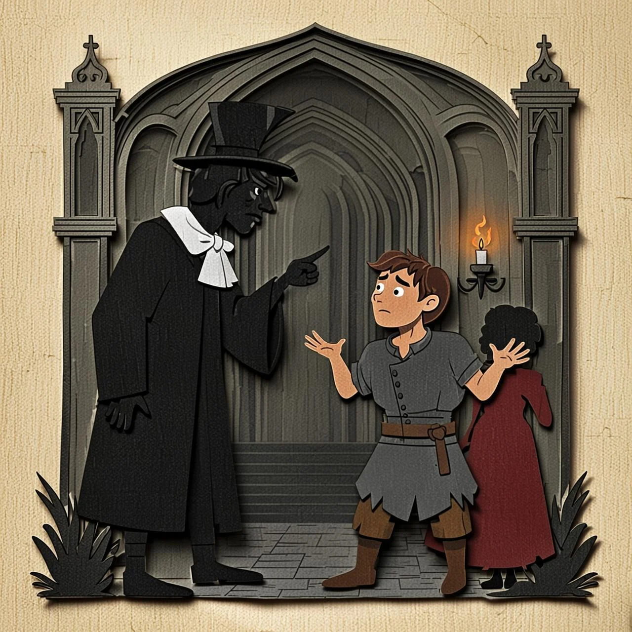 Quasimodo protege a Esmeralda dentro de la catedral del malvado juez Frollo