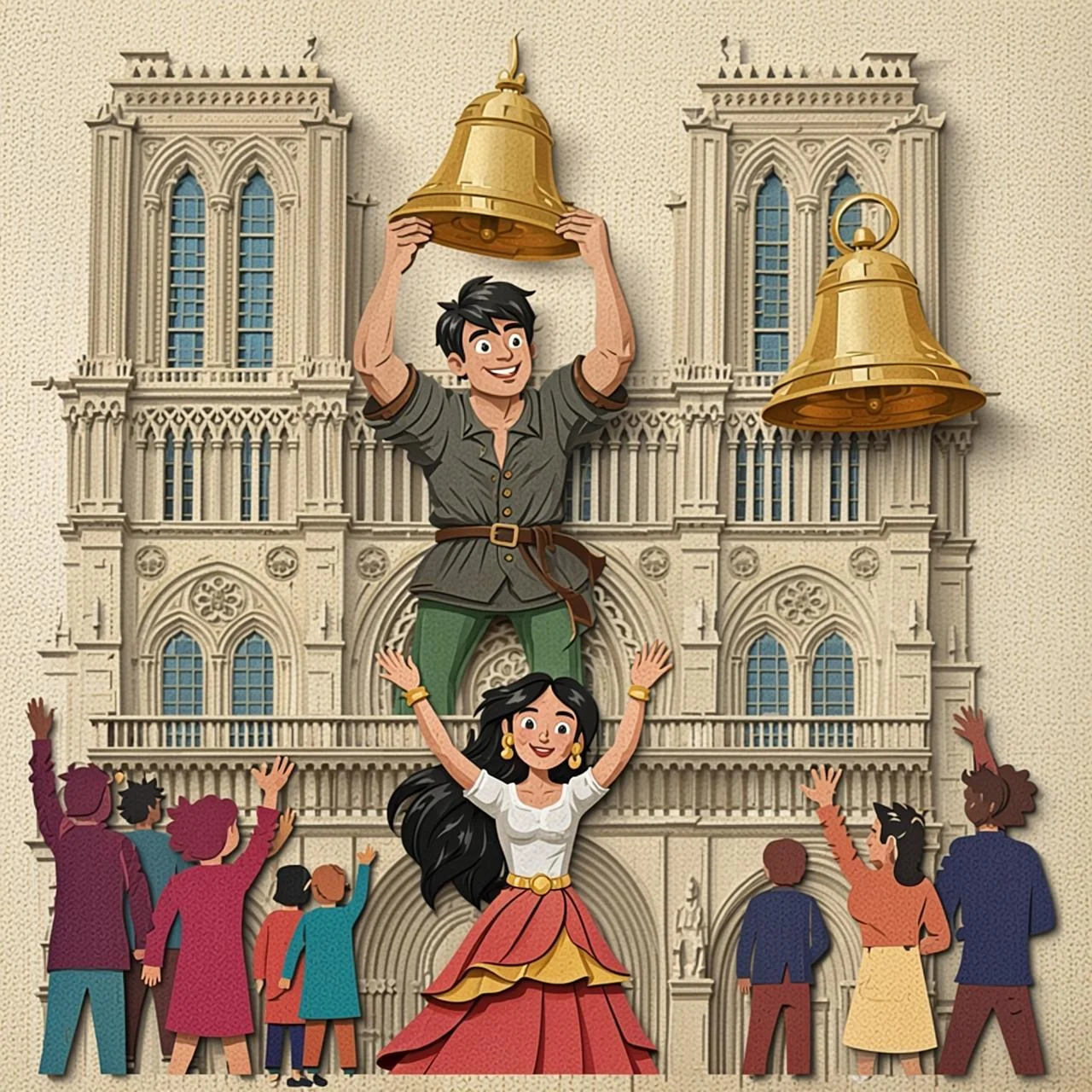 Quasimodo, ahora querido por todos, toca alegremente las campanas de Notre Dame